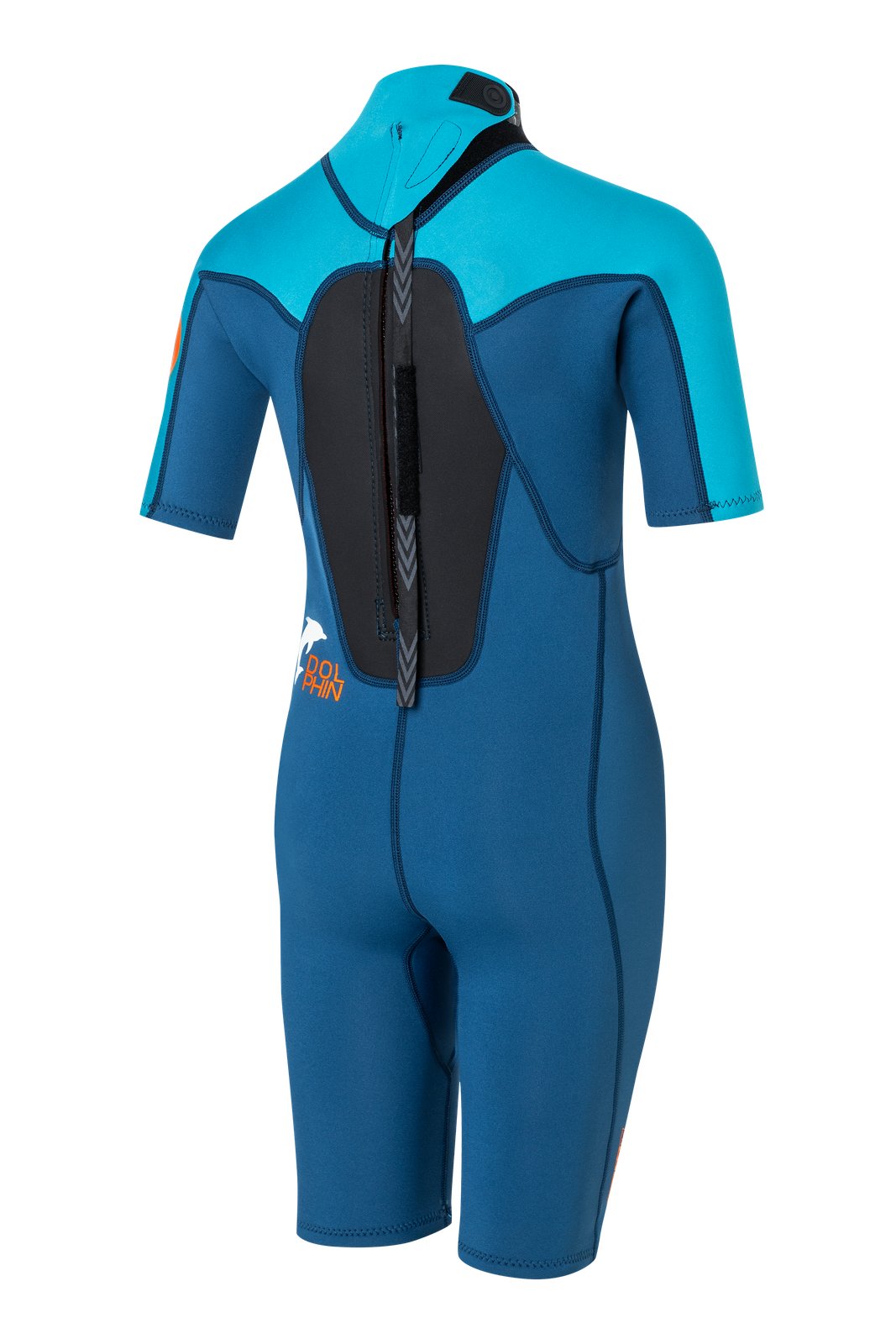 Hátul cipzáras Dolphin Youth Shorty 2/2 mm-es gyermek neoprén ruha kék színben