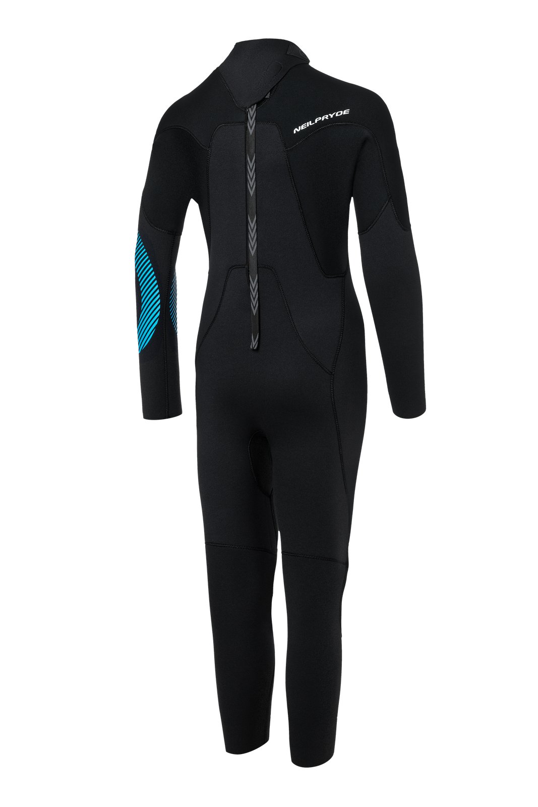 Negyedtes hátulnézet: NeilPryde Rental Youth 5/4 2026 gyermek neoprén ruha fekete színben, kék mintás részlettel a karon
