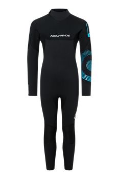 NeilPryde Rental Youth 5/4 2026 gyerek neoprén ruha fekete színben, kék grafikai részletekkel