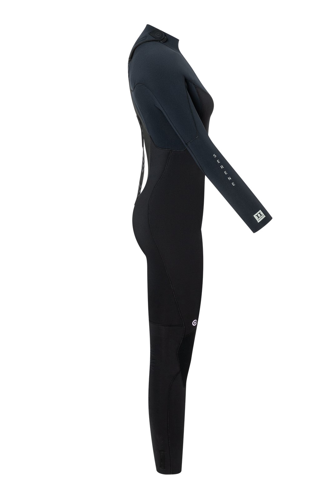 Serene 5/4 GBS hátul zippzáras női szörfruha oldalnézetből, Limestone neoprén anyaggal és Hotcell 3GN hőszigeteléssel