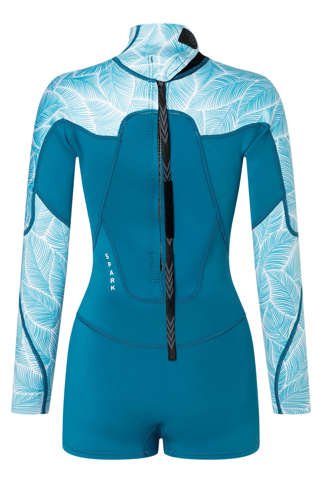 NeilPryde Spark 2/2 mm hosszú ujjú női neoprén ruha hátul cipzáras kivitelben, kék-fehér pálmaleveles mintával