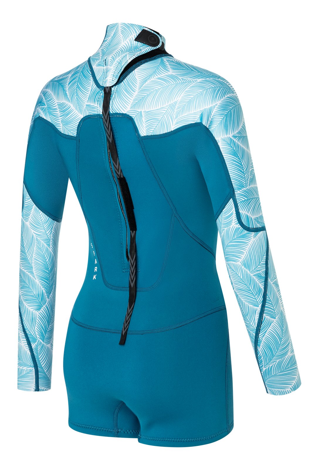 NeilPryde Spark 2/2 mm-es hosszú ujjú, hátul cipzáras női nyári szörfruha türkizkék levélmintás dizájnnal