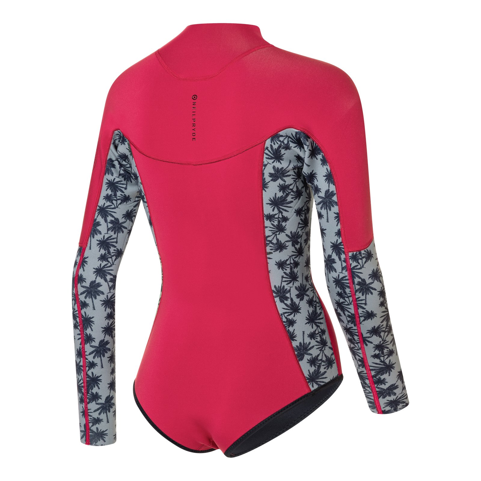 NeilPryde Vamp 2/2 Bikini Cut hosszú ujjú női neoprén ruha hátulról, pink és pálmafás mintás dizájnnal