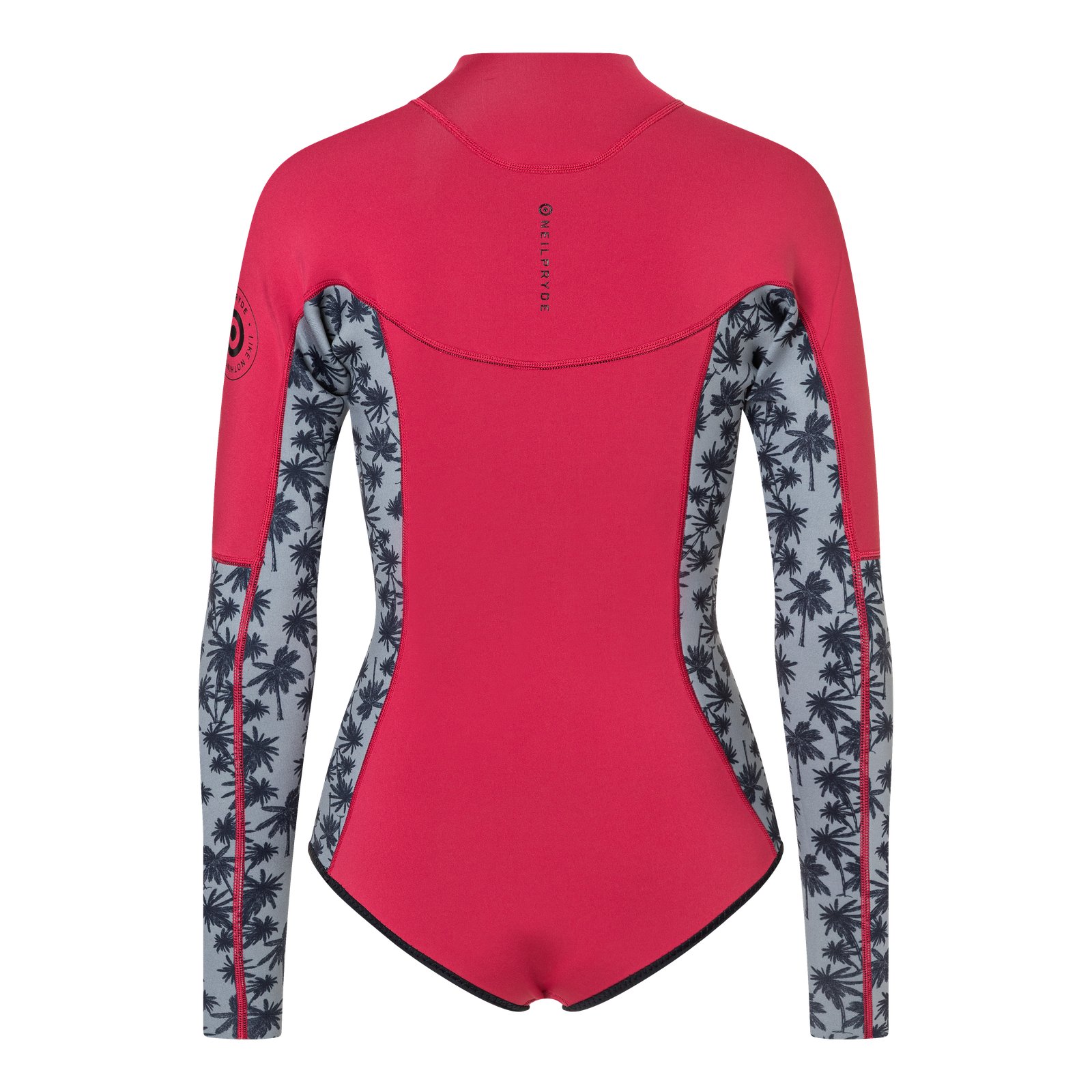 Hátulnézetből ábrázolt NeilPryde Vamp 2/2 bikini szabású, hosszú ujjú női neoprén ruha pálmafás mintázattal