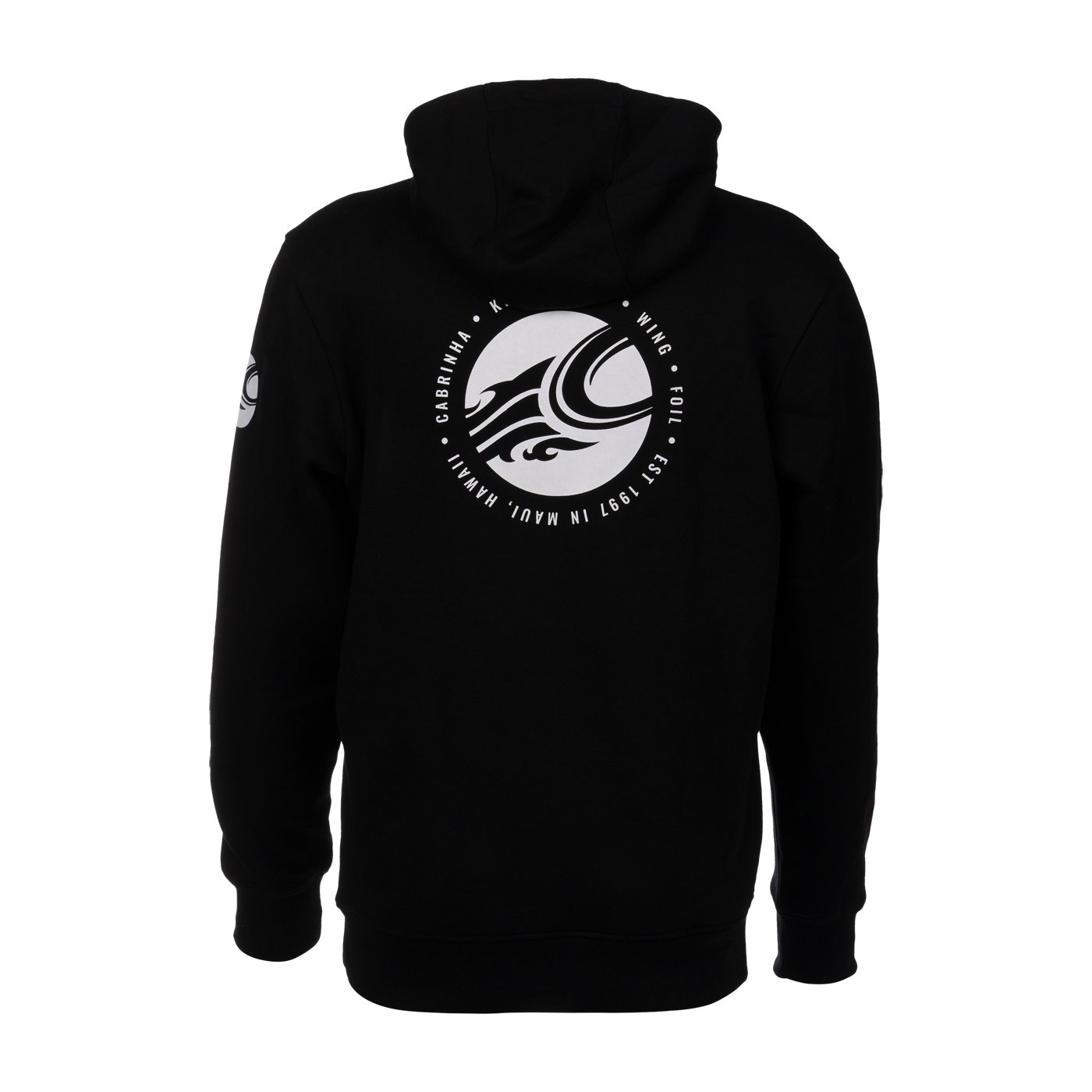 Cabrinha 2025 fekete kapucnis pulóver hátulján nagy fehér kör alakú márkajelzéssel
