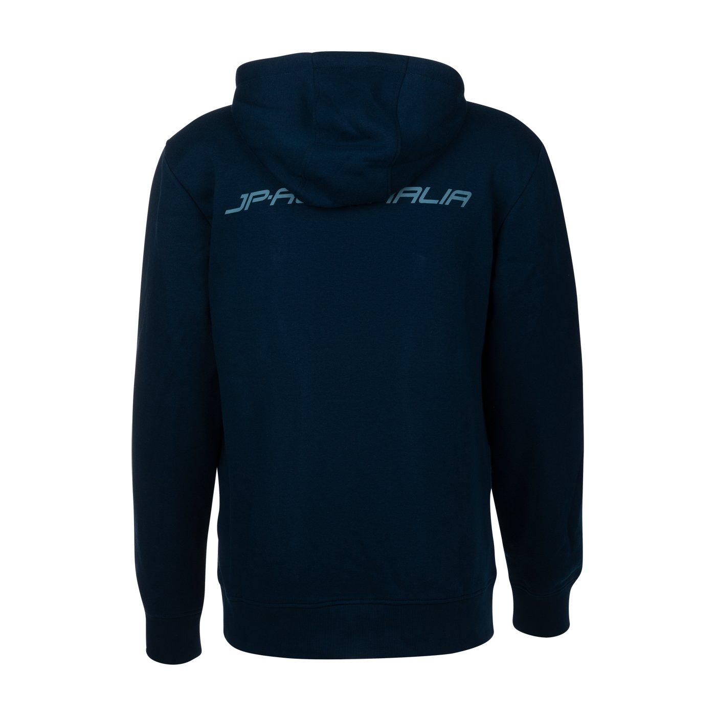 Sötétkék JP Australia kapucnis cipzáras pulóver hátulnézetből, JP Australia logóval a hátán