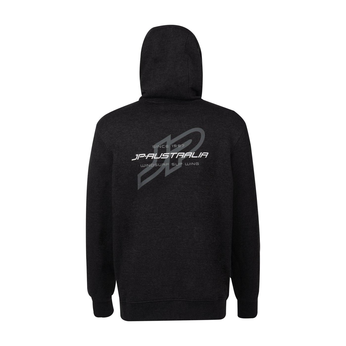 Hátsó nézetű, fekete JP Australia kapucnis pulóver szürke márkajelzéssel
