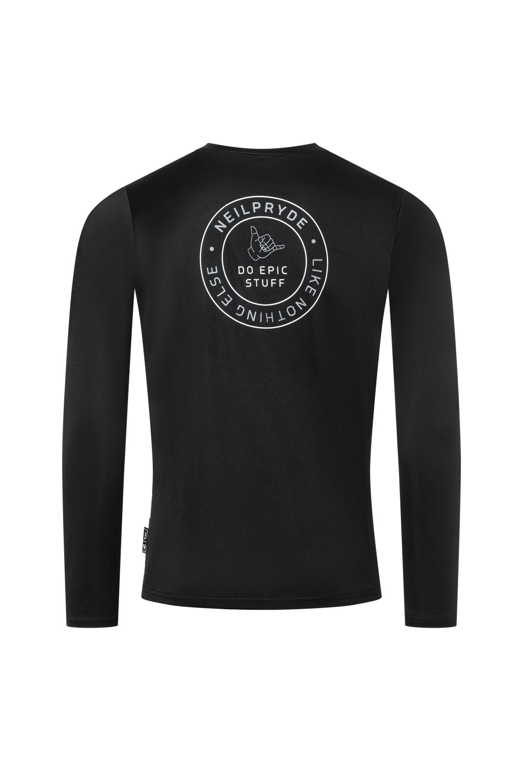 Fekete, hosszú ujjú NeilPryde Water Tee 2026 UV-szűrős Aqua silk technikai felső hátoldali grafikával