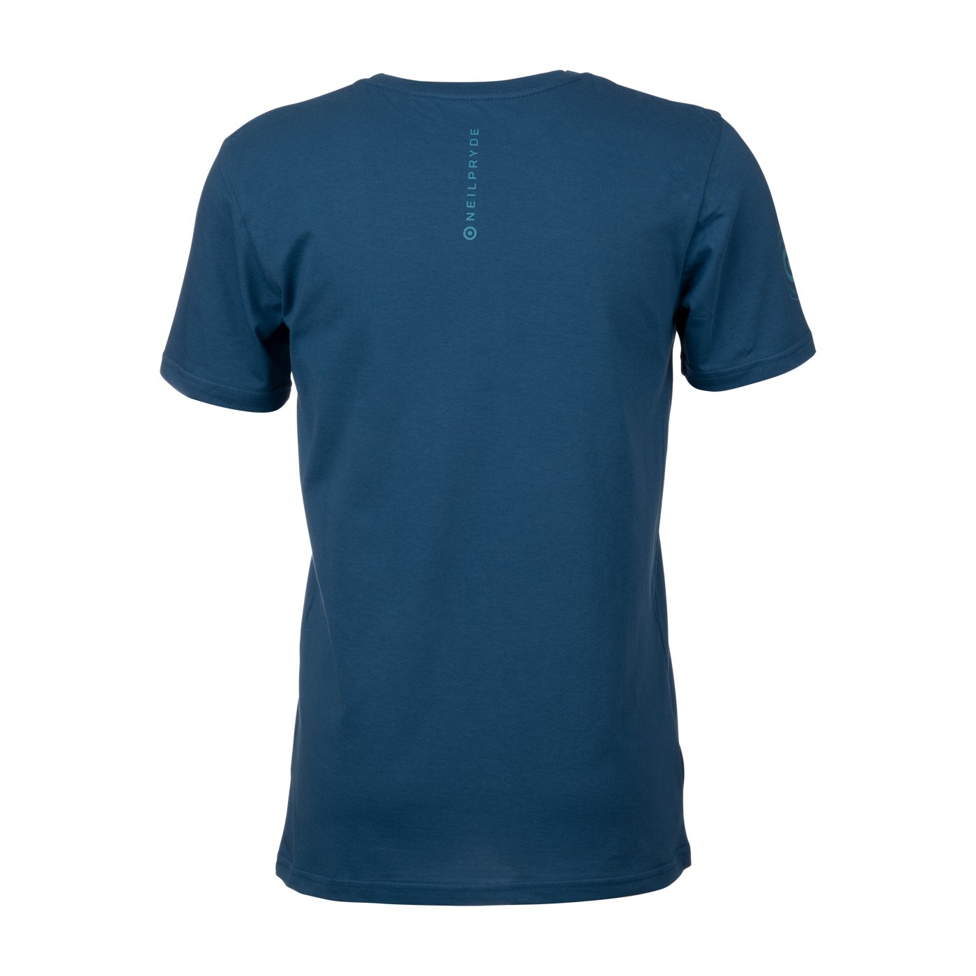 kék színű, rövid ujjú NP márkájú férfi póló hátulnézetben, NeilPryde logóval a tarkórészen