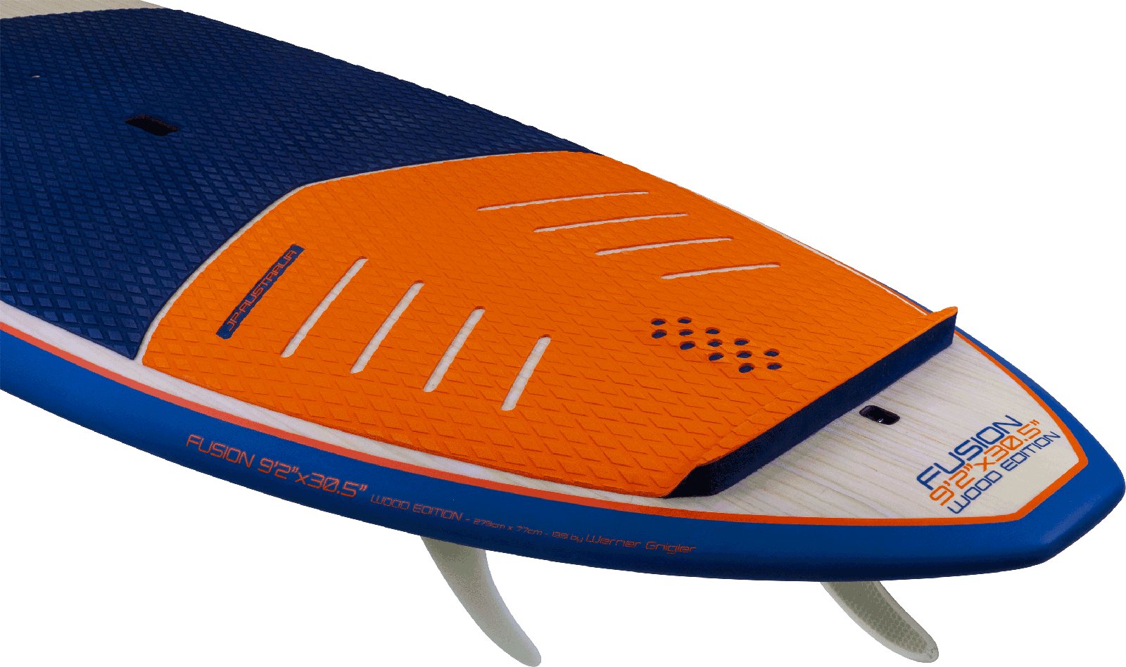 Fusion 9'2 Wood Edition SUP deszka narancssárga csúszásgátló deckpaddal és thruster fin kiosztással