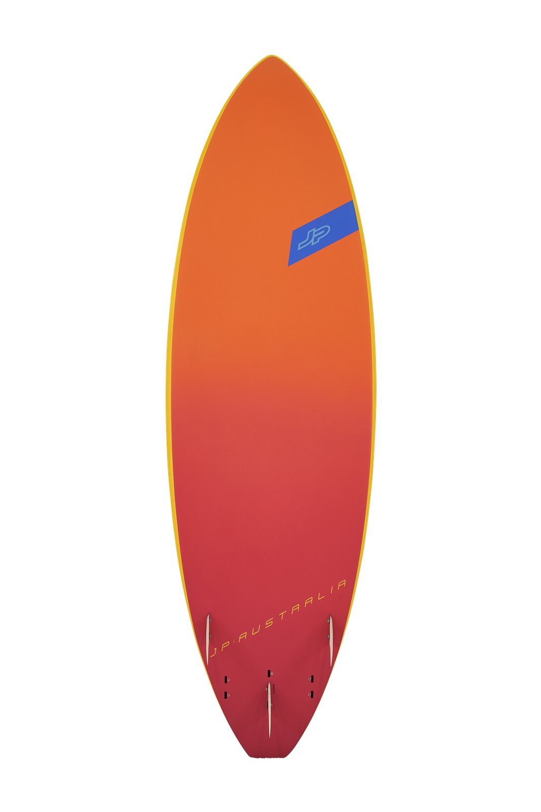 JP-Australia Surf 2025 hullámlovas deszka narancs-vörös színátmenetes alsó nézet három uszonyos kiosztással
