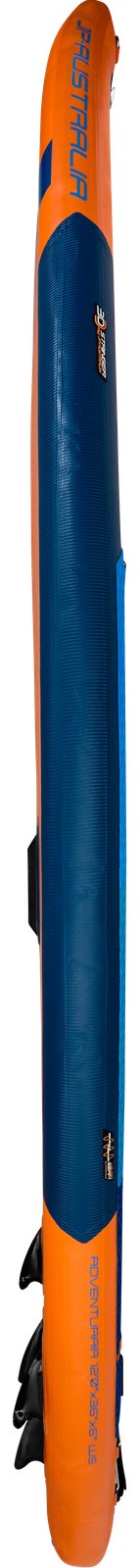 AdventurAir SE 3DS 2025 dinamikus narancs-kék mintázatú, multifunkciós felfújható SUP deszka oldalsó nézete uszonyokkal