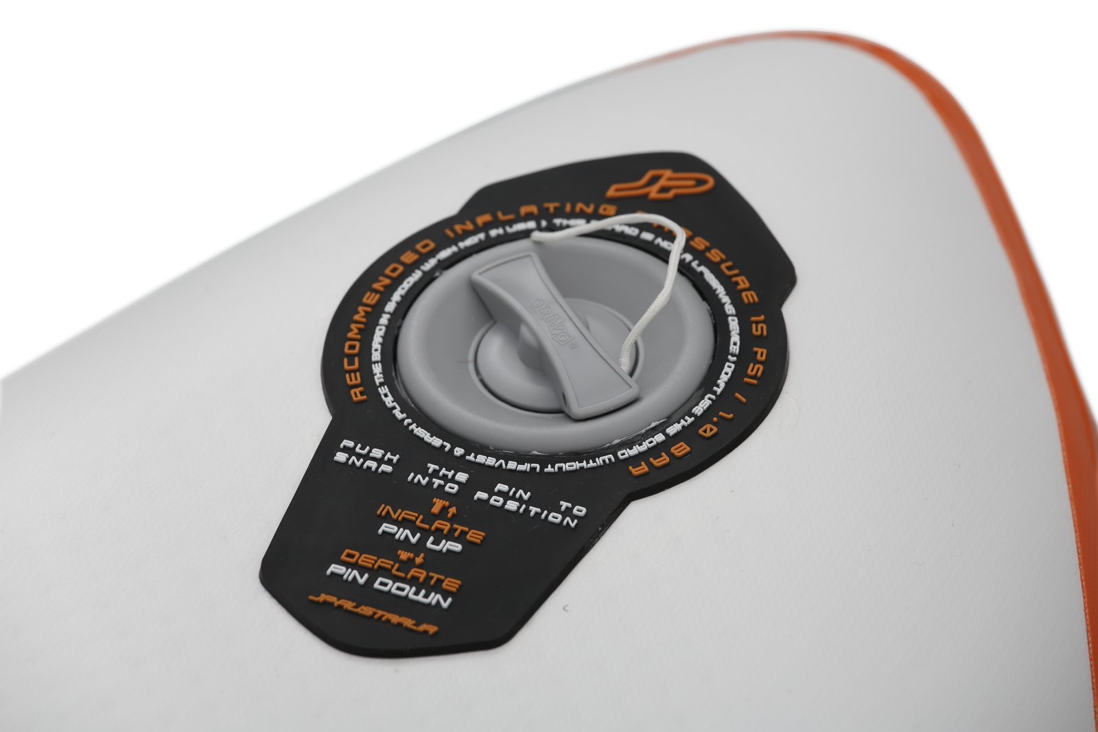 JP Australia CruisAir SL 2025 felfújható SUP deszka szelepe és nyomásjelző felirata