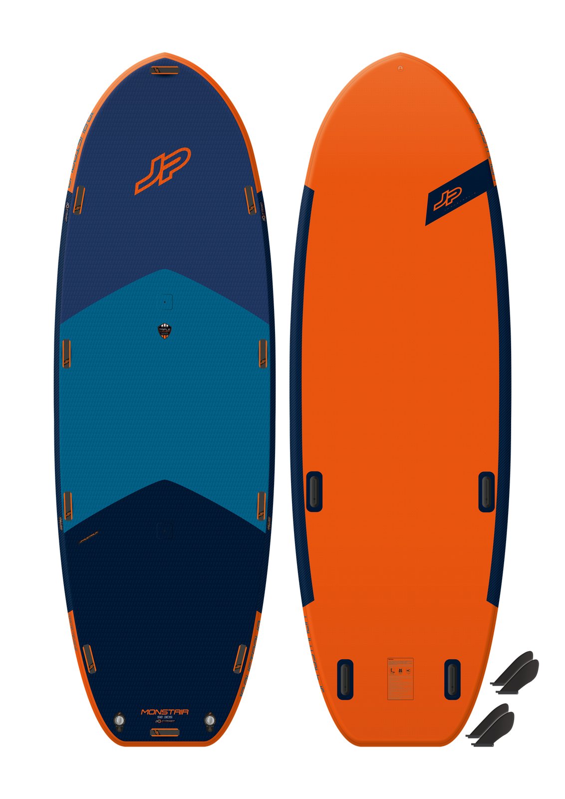 JP MonstAir SE 3DS 2025 felfújható óriás SUP deszka alulnézetben és felülről, tartozék uszonyokkal