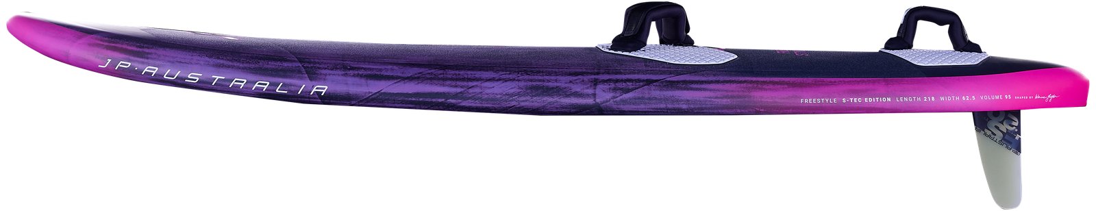 Oldalnézetből látható JP Australia Freestyle 2026 s-tec versenyszörf deszka lilás színátmenetes mintázattal és G10 uszonnyal