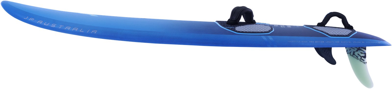 JP Australia Freestyle Wave 2025 windszörf deszka oldalnézetből, lábtartókkal és szkeggel felszerelve