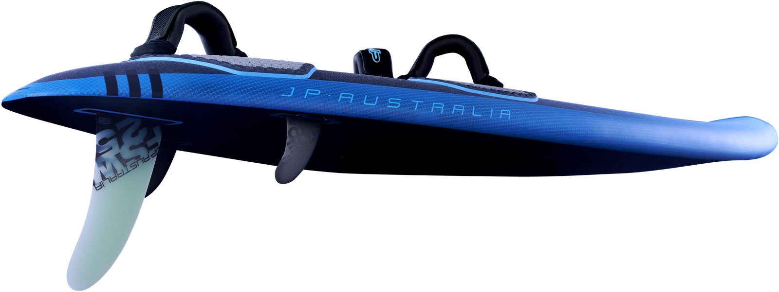 JP Australia Freestyle Wave 2025 windsurf deszka oldalsó nézete uszonyokkal és lábpántokkal felszerelve
