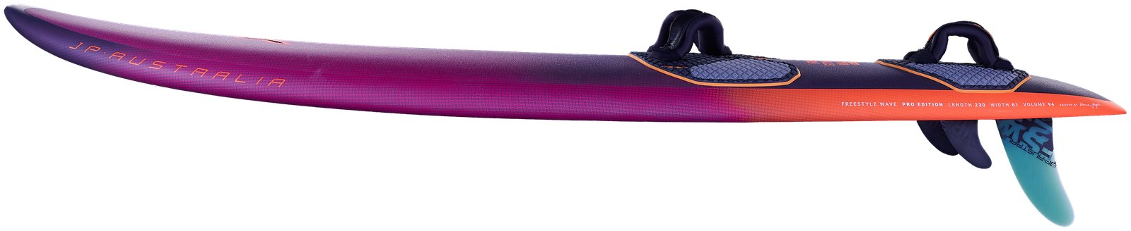 Oldalnézetből látható lila és narancssárga JP Australia Freestyle Wave 2026 windsurf deszka thruster uszonykiosztással és lábpántokkal