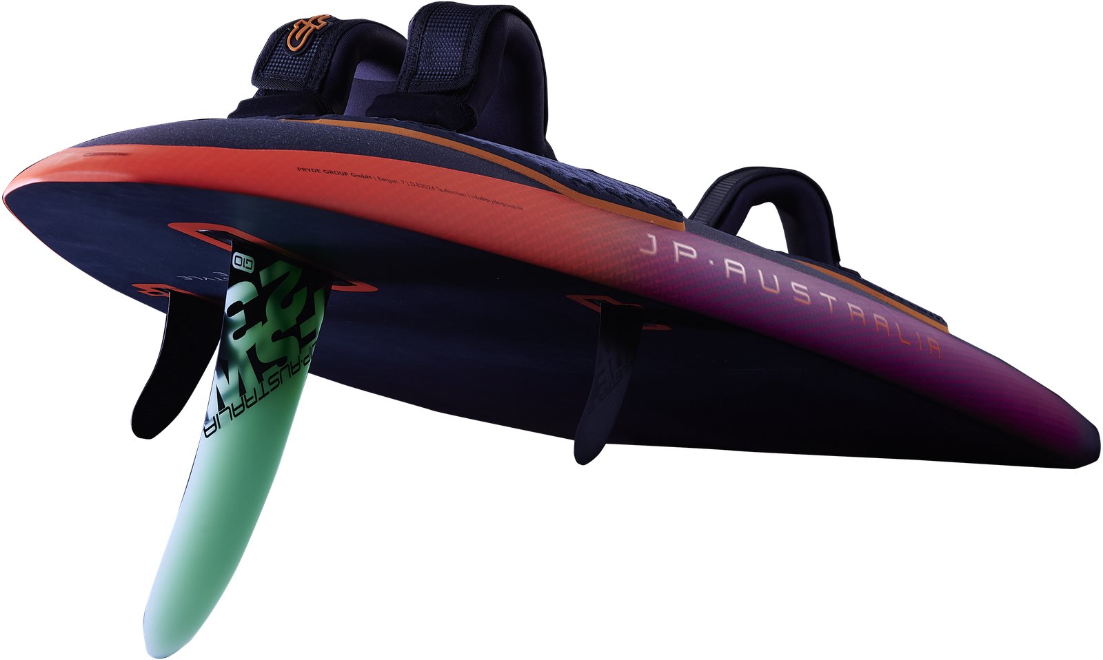 JP-Australia Freestyle Wave 2026 windsurf deszka alulnézetből, thruster szkegkiosztással és footstrap szerelvényekkel