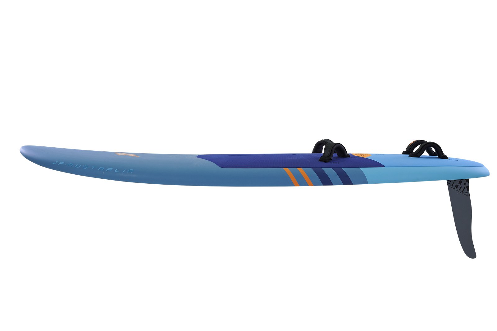 JP Australia Fun Ride 2026 windsurf deszka oldalfekvésben, középső uszonyos kialakítással és lábtartókkal