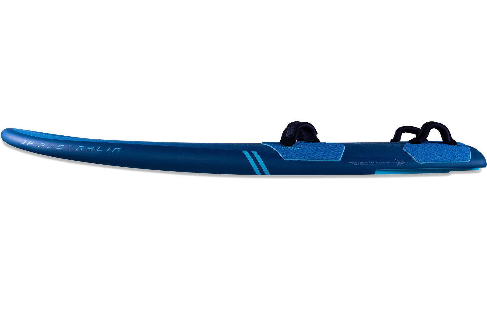 JP Australia HydroFoil 2025 windsurf deszka oldalsó profilnézet lábpántokkal