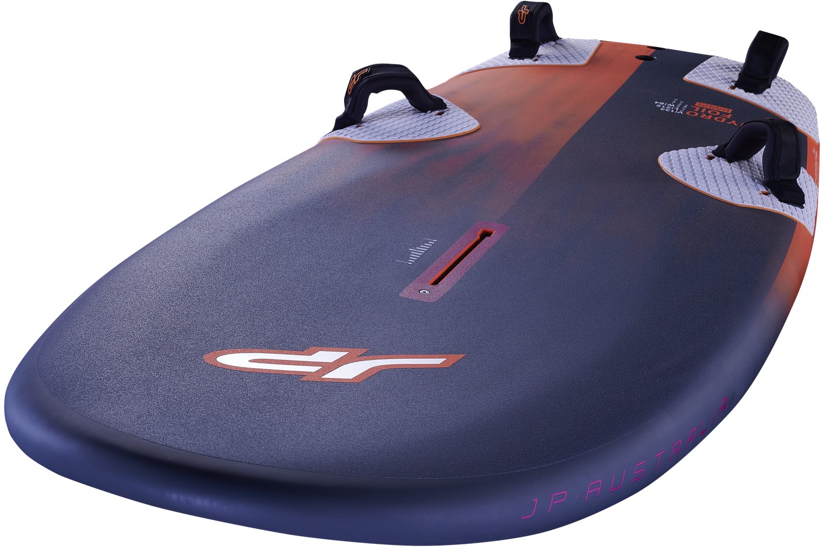 JP Australia HydroFoil 2026 windsurf foiling deszka felülnézetből, foil-tuttle boxszal és lábpántokkal