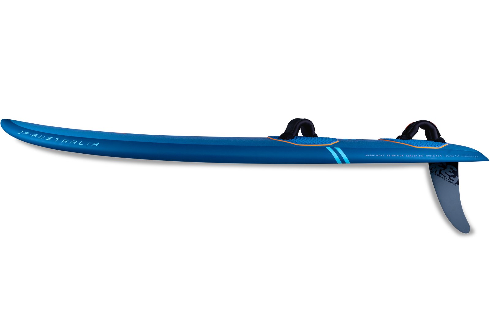 JP Australia Magic Move 2025 bump and jump windsurf deszka oldalnézetből, szkeggel és lábpántokkal