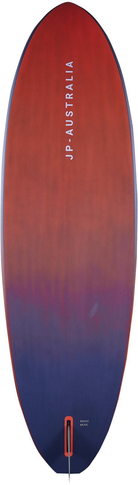 JP-Australia Magic Move 2026 windsurf deszka alulnézetből, vöröses színátmenetes mintázattal és G10 fin szkeggel