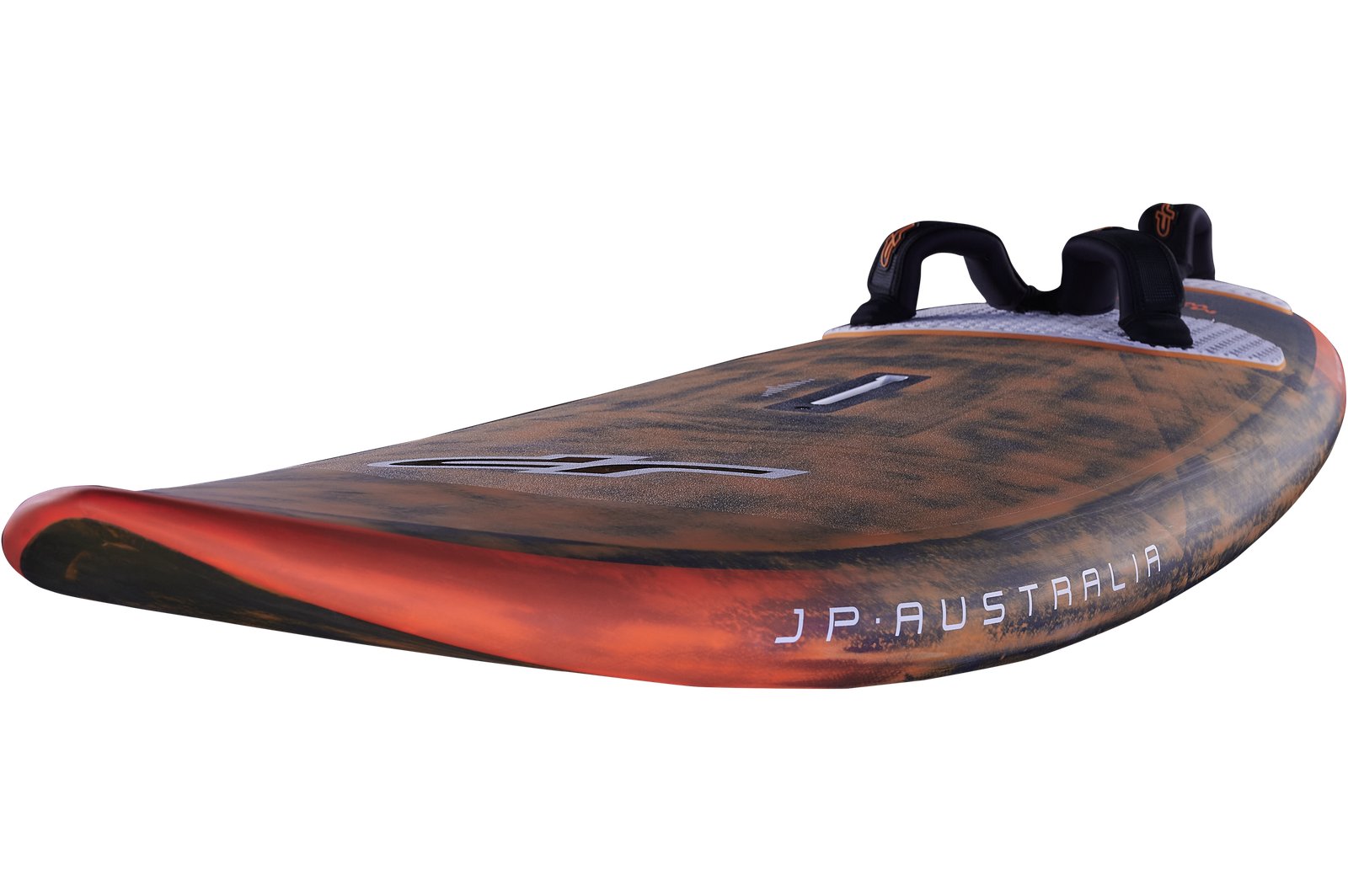 JP Australia Magic Wave 2026 S-TEC hullámlovas szörfdeszka narancssárga és fekete színátmenetes mintázattal, lábpántokkal felszerelve