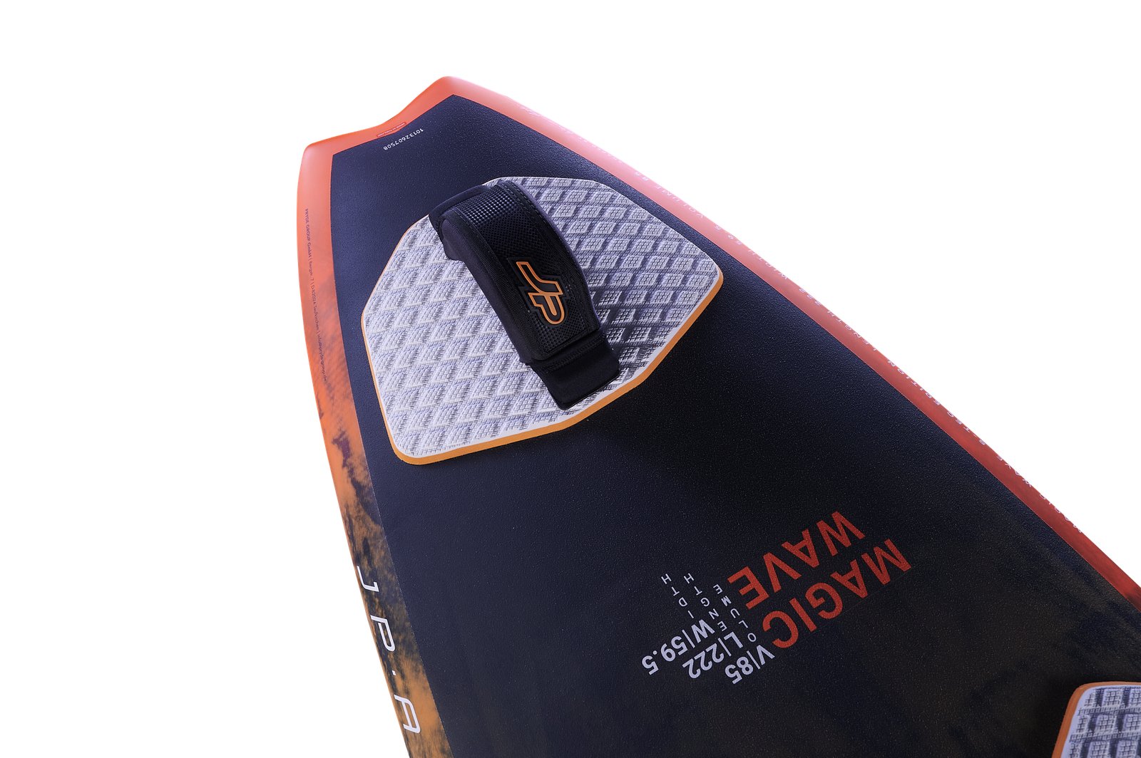 JP Magic Wave 2026 S-TEC windsurf deszka részletgazdag felülnézet a lábtartóval és a technikai adatokkal