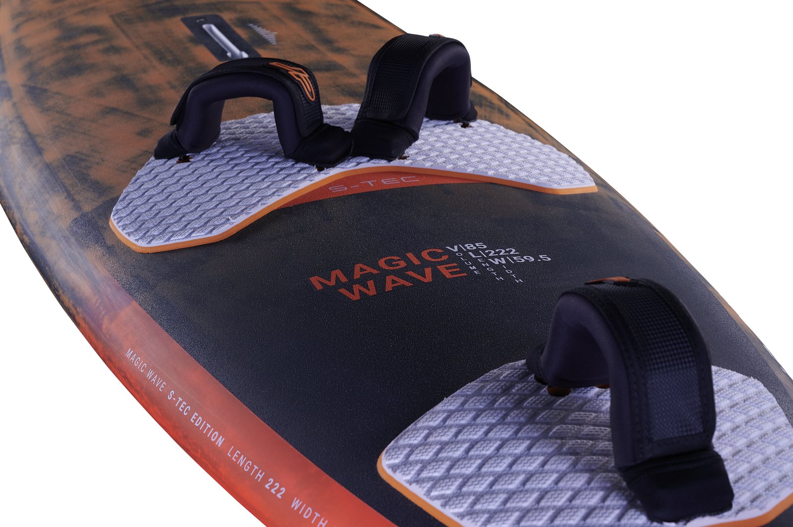 JP Magic Wave 2026 S-TEC windsurf deszka részletgazdag felülnézete lábtartókkal és csúszásgátló paddel