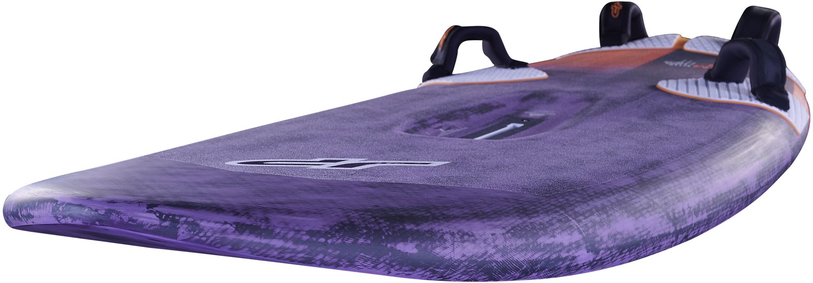 JP Slalom 2026 windsurf deszka részletes nézete karbon textúrával és lábpántokkal