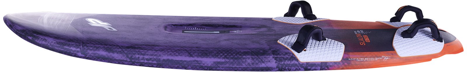 JP Slalom 2026 versenyszintű windsurf deszka sötét lila és narancssárga színátmenetes mintázattal és lábpántokkal