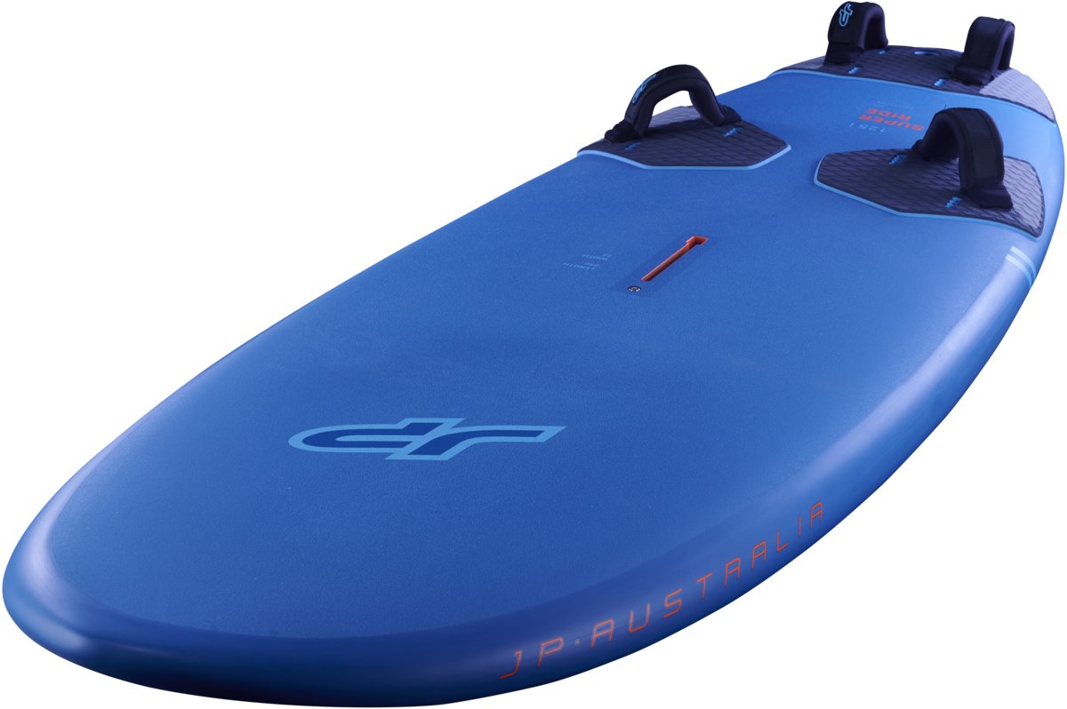 Kék JP Australia Super Ride 2026 freeride windsurf deszka lábpántokkal és foil-kész kialakítással
