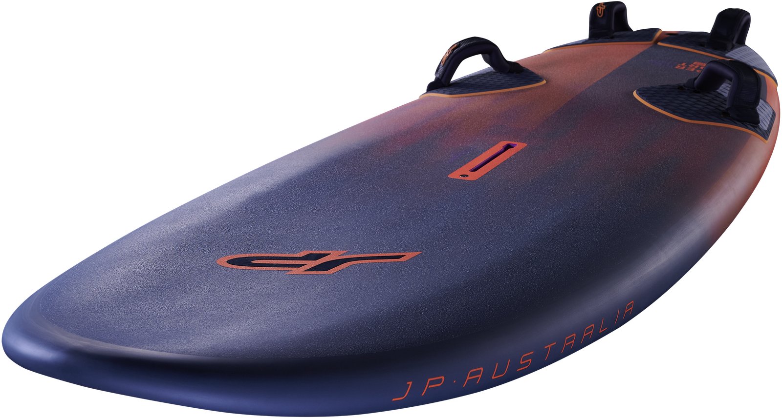 JP Australia Super Sport 2026 freeride szörfdeszka a deck felől szemlélve, lábpántokkal és foil-kész kialakítással