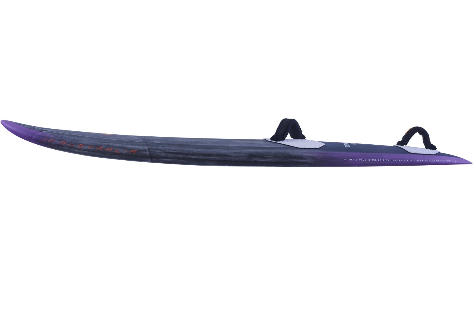 JP Australia Ultimate Wave 2025 S-TEC windsurf deszka oldalnézetben, lábpántokkal felszerelve