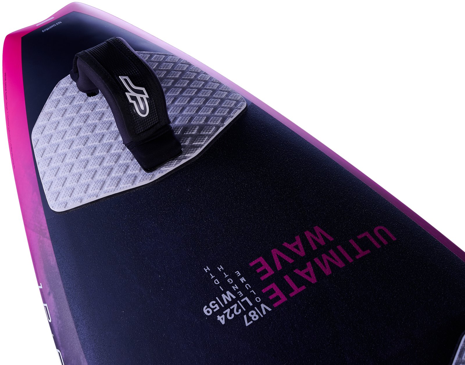 JP Ultimate Wave 2026 windsurf deszka részlete lábtartó papuccsal és technikai specifikációkkal