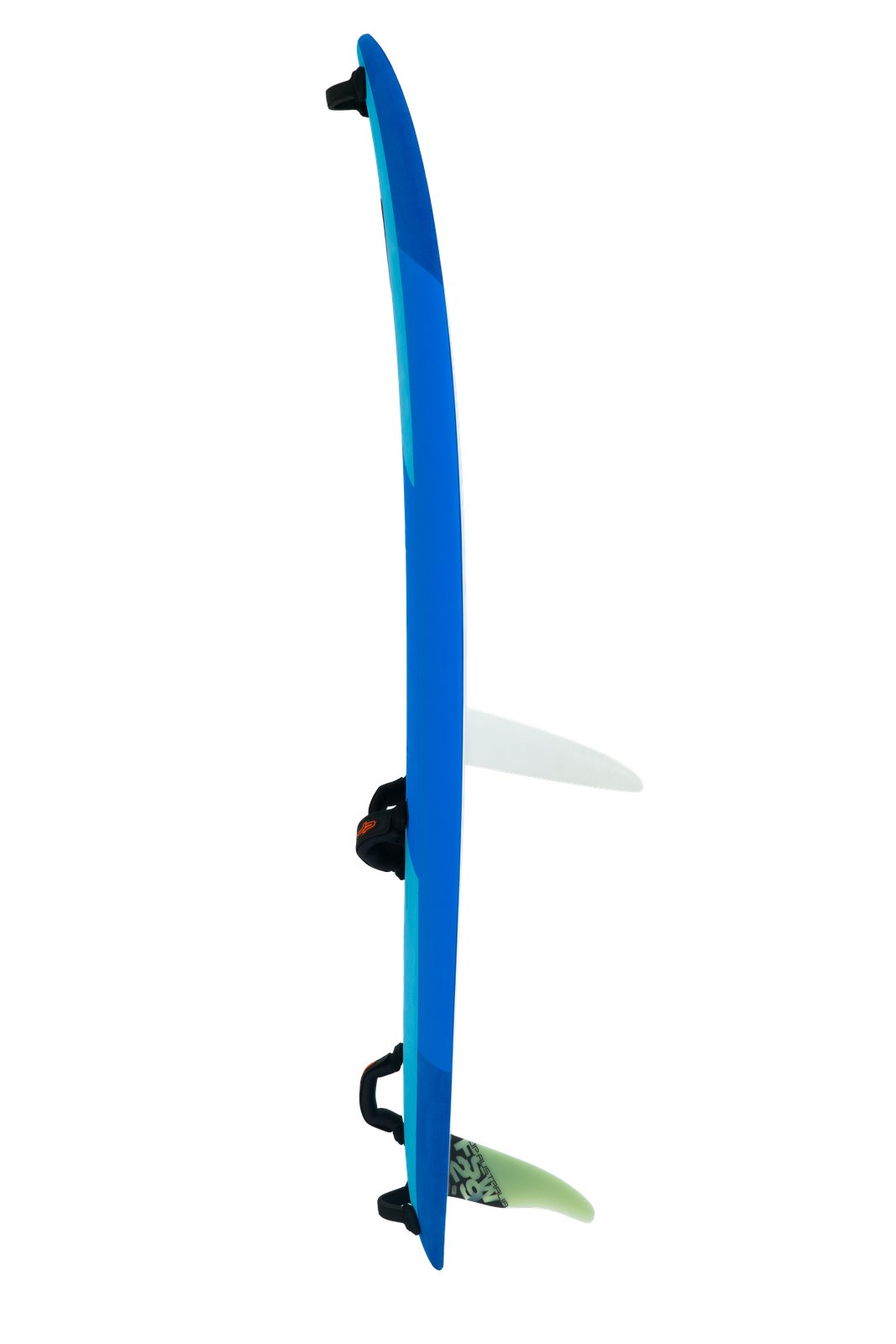 kék színű Young Gun Magic Ride 2026 gyerek windsurf deszka oldalnézetből, szkeggel és lábpántokkal