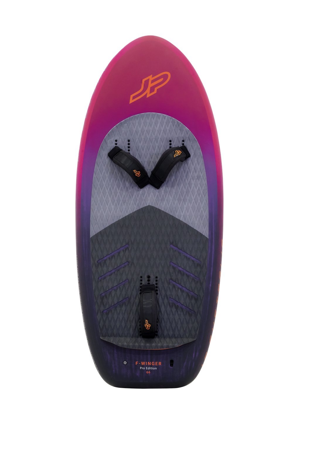 JP F-Winger 2025 freestyle és freeride wingfoil deszka felülnézetből, lábtartókkal és csúszásgátló deckpaddal