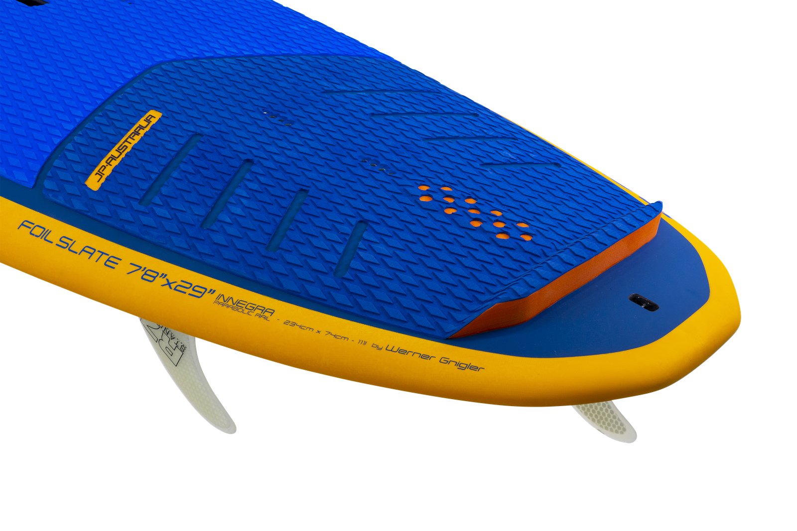 JP-Australia Foil Slate 2025 all-in-one technikai deszka kék-sárga színösszeállításban, uszonyokkal felszerelve