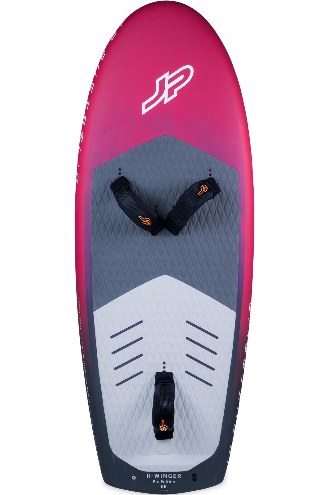JP R-Winger 2025 Pro Edition wing foil deszka felülnézetből, lábpántokkal szerelve