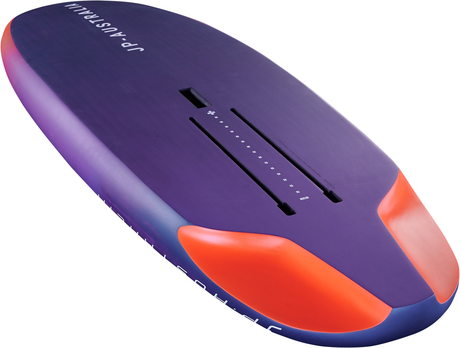 JP Australia RS 2026 wingfoil deszka alulnézetből, a foil rögzítősínekkel és az egyedi színvilágú farral