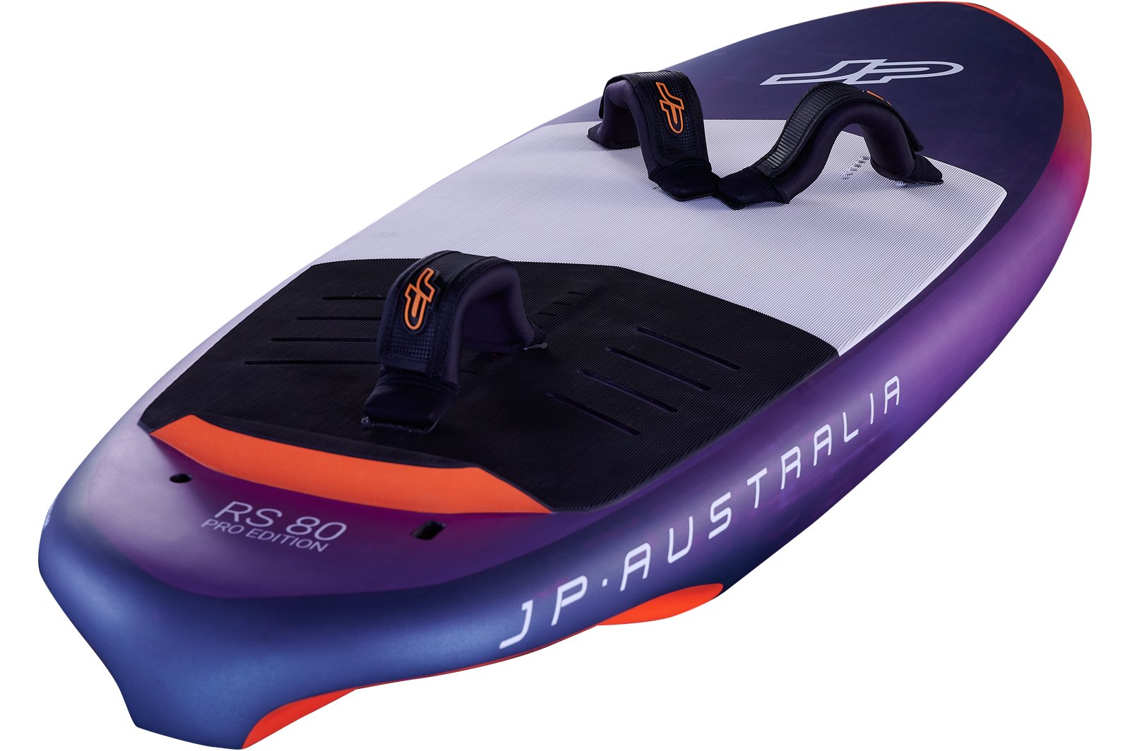 JP Australia RS 80 Pro Edition wingfoil deszka lábtartókkal sötét háttér előtt