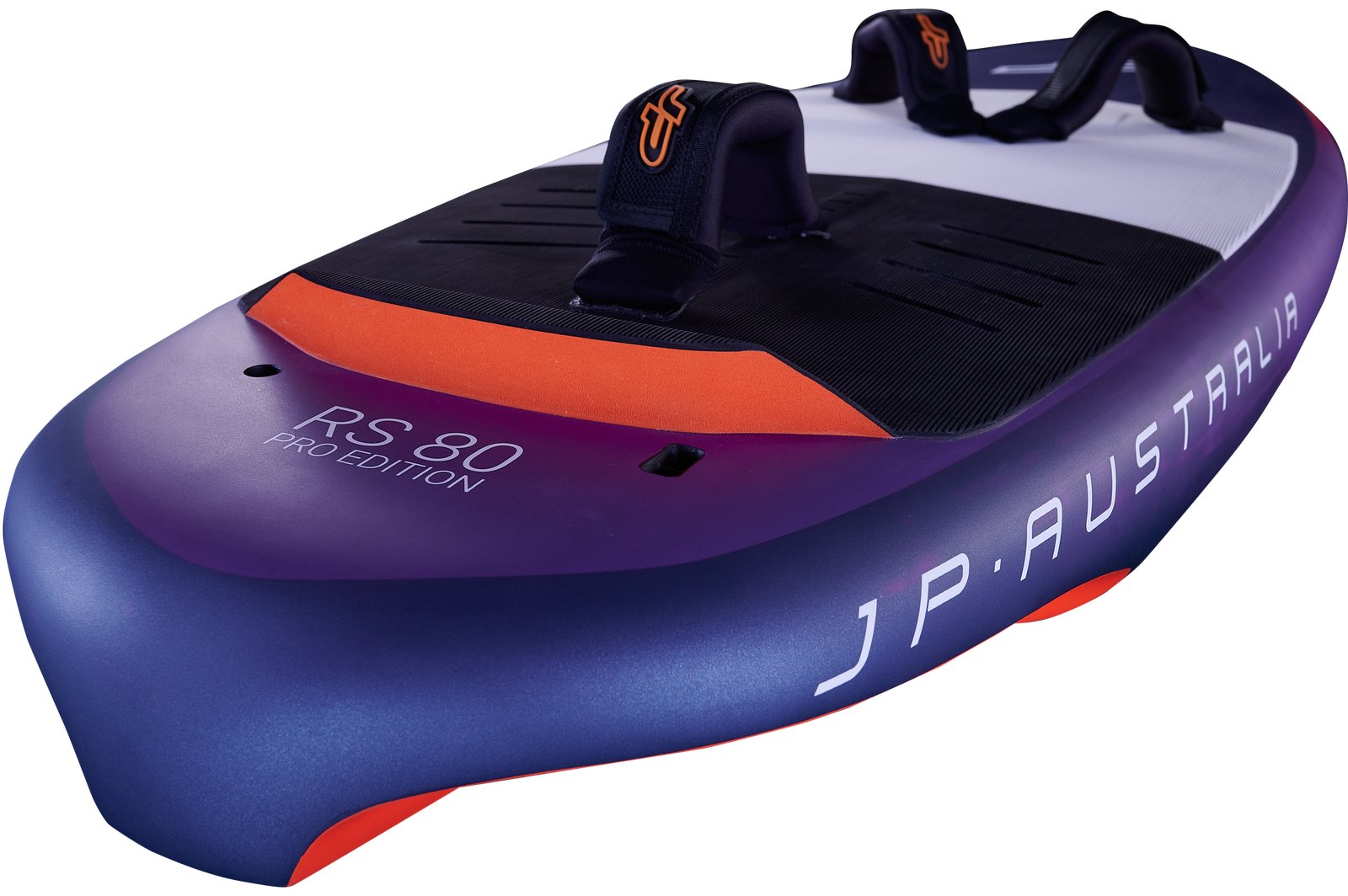 JP-Australia RS 80 Pro Edition wingfoil deszka lábpántokkal, sötétkék és narancssárga színvilágban