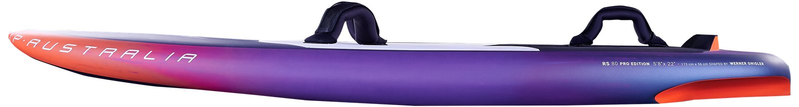 P-Australia RS 2026 wingfoil deszka oldalnézetből, lábtartó papucsokkal szerelve