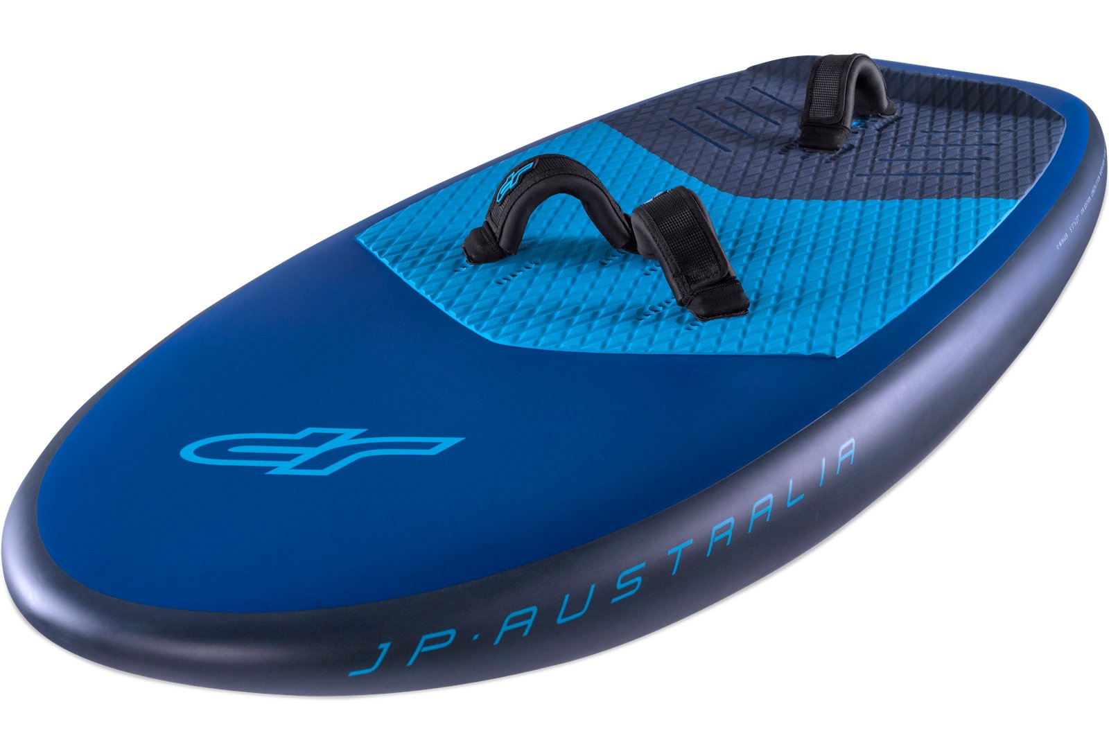 JP-Australia X-Winger 2025 kék wingfoil deszka lábpántokkal, hosszúkás formával és fedélzeti borítással