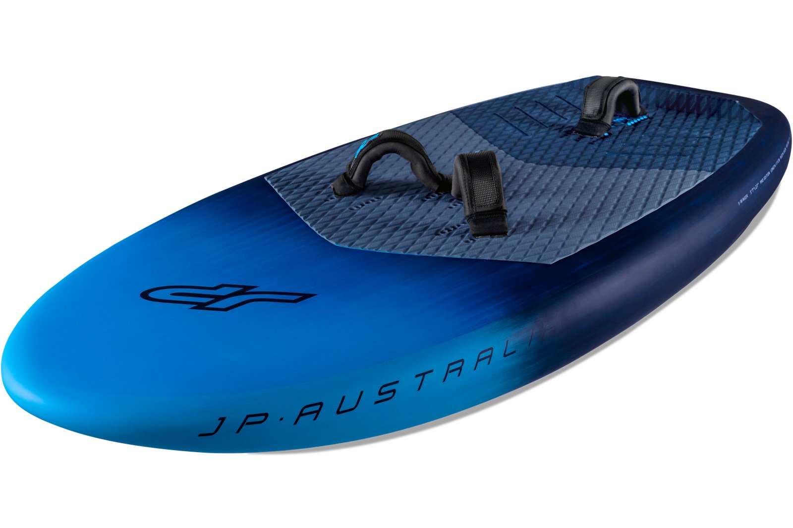 Kék színű JP Australia X-Winger 2025 wingfoil deszka lábpántokkal és deckpaddel felszerelve