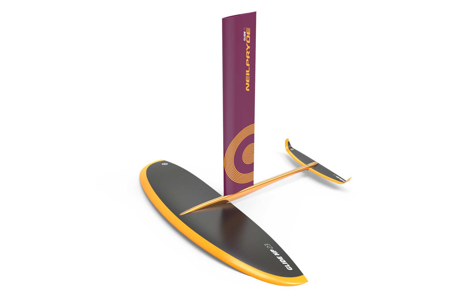 NeilPryde Glide Surf HP 2026 szárnyas foilszett elölnézetben, karbon árboccal és hullámlovaglásra tervezett első szárnnyal