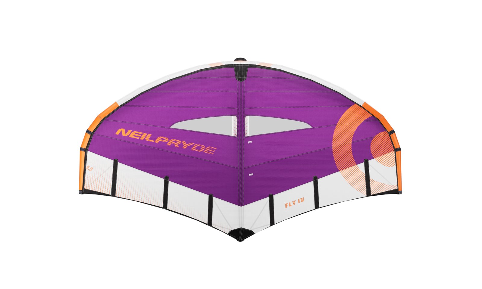 NeilPryde Fly IV 2026 lila és narancssárga wingfoiling ernyő, áttervezett geometria és merevített belépőél
